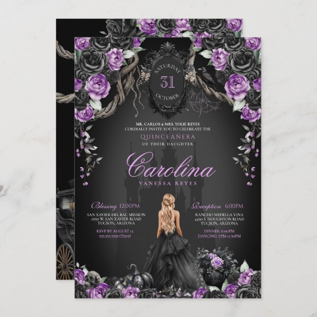 Convite Halloween Black Rosas Purple Princess Quinceañera (Frente/Verso)
