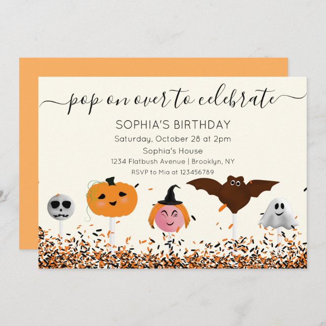 Convite Halloween-Cake-Pop-Neutral-Birthday (Frente/Verso)