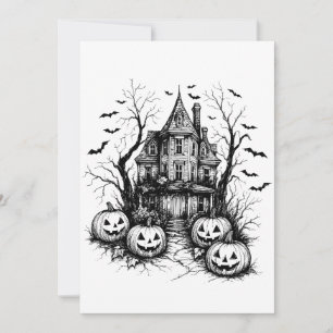 Convite Halloween, Casa Assombrada, preto e branco
