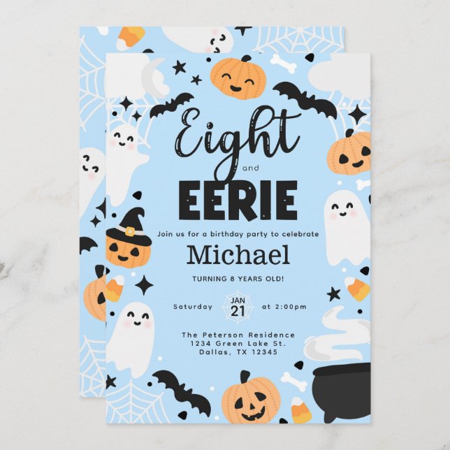 Convite Halloween Cute Ghost 8th Birthday Party Invitation (Frente/Verso)