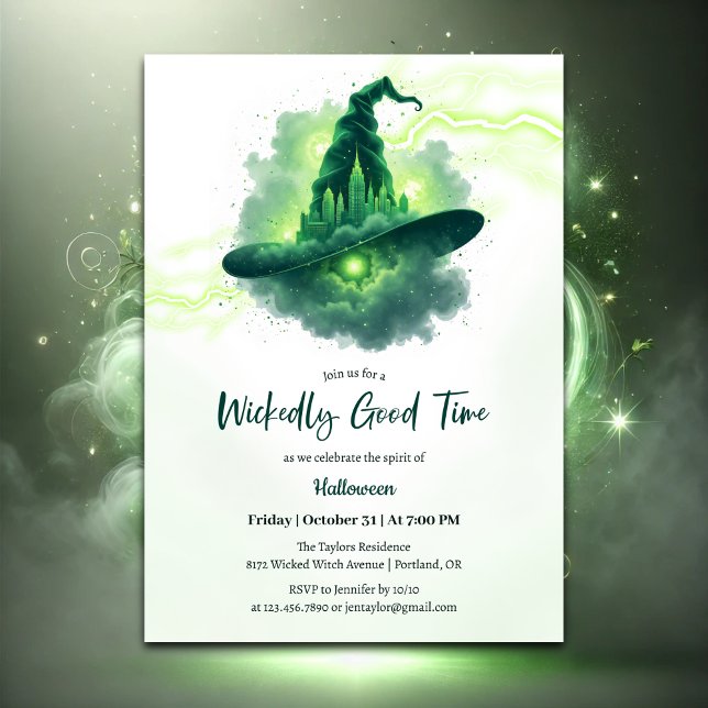 Convite Halloween de bruxaria verde, fantasia mágica (Wickedly Good Time Halloween Party Invitation – Glowing Green Witch Hat)