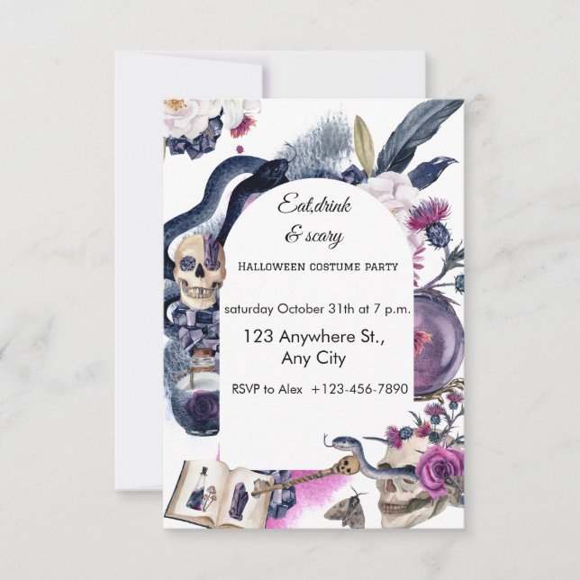 Convite Halloween de cor azul púrpura e escura (Frente)