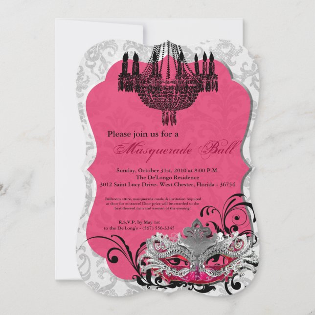Convite Halloween de máscara de Mascarada rosa quente (Frente)