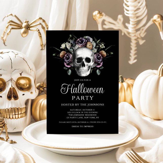 Convite Halloween do Caveira Floral Elegante Gótica (Elegant Gothic Floral Skull Halloween Invitation)