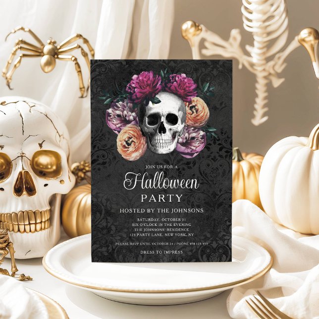 Convite Halloween do Caveira Floral Elegante Gótica (Elegant Gothic Floral Skull Halloween Invitation)