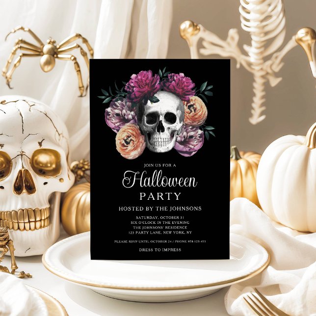 Convite Halloween do Caveira Floral Elegante Gótica (Elegant Gothic Floral Skull Halloween Invitation)