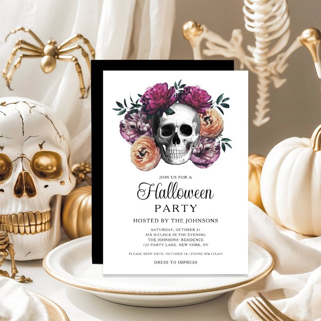 Convite Halloween do Caveira Floral Elegante Gótica (Elegant Gothic Floral Skull Halloween Invitation)