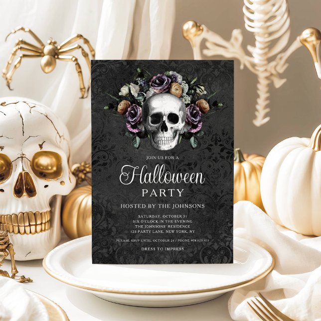 Convite Halloween do Caveira Floral Negro Elegante (Elegant Black Gothic Floral Skull Halloween Invitation
)