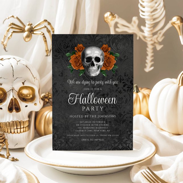 Convite Halloween do Caveira Floral Negro Elegante (Elegant Gothic Black Floral Skull Halloween Invitation)