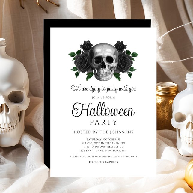 Convite Halloween do Caveira Floral Preto Gótico (Gothic Black Floral Skull Halloween Invitation - digital download)