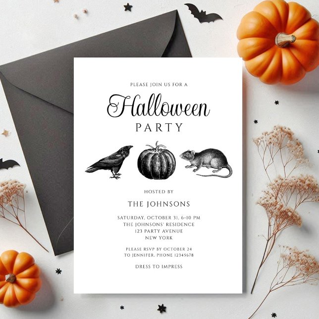 Convite Halloween Elegante de Abóbora Preta Gótica (Elegant Gothic Black Pumpkin Halloween Invitation)