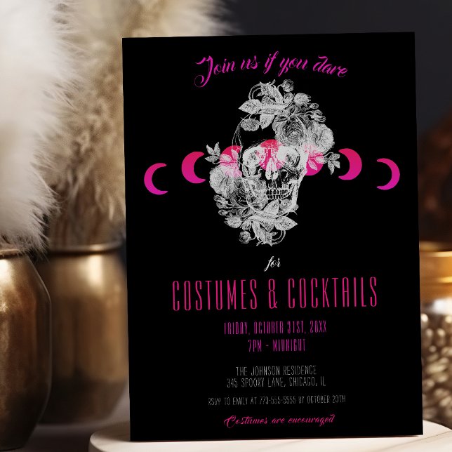 Convite Halloween Elegante Gótica, Preto e Crânio Rosa (Criador carregado)