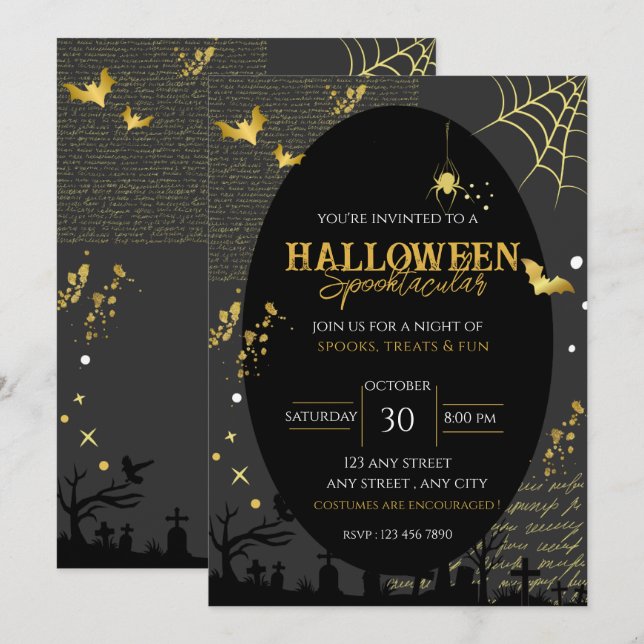 Convite Halloween Espetacular de Terror Preto Dourado Góti (Frente/Verso)