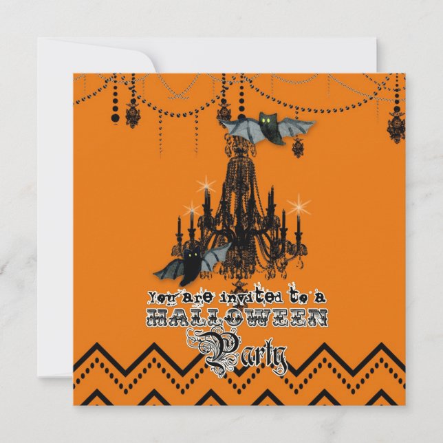 Convite Halloween Fall Chandelier Bat Chevron Zig Zag (Frente)