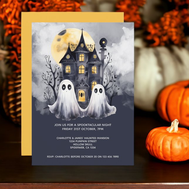 Convite Halloween Fantasmas e Casa Assombrada (Halloween Ghosts and Haunted House Party Invitations from Ricaso. Cute ghost couple invite.)