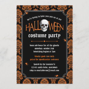 Convite Halloween Figurume Party Skull em Orange Damask