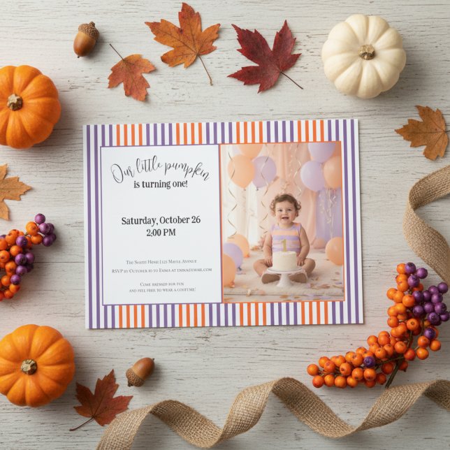 Convite Halloween First Birthday Invitation | Cute Pumpkin (Our Little Pumpkin first birthday invitation mockup with mini pumpkin, pastel balloons, and gold rib)