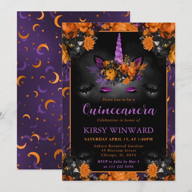 Convite Halloween Floral Unicorn Face Quinceanera (Frente/Verso)