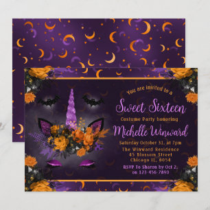 Convite Halloween Floral Unicórnio Rosto Sweet Sixteen