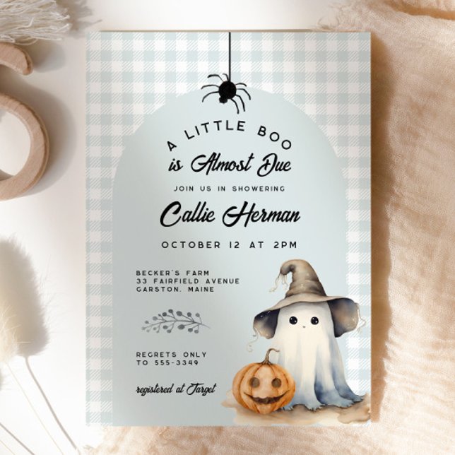 Convite Halloween Ghost Gingham Little Boo Chá de fraldas (Criador carregado)