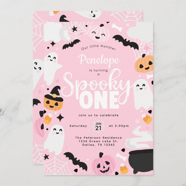 Convite Halloween Ghost Pink 1st Birthday Party (Frente/Verso)
