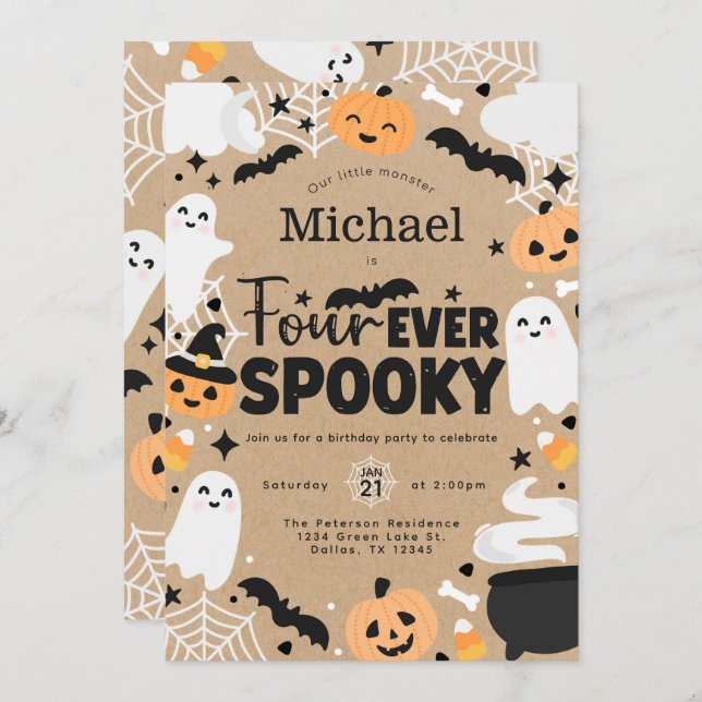 Convite Halloween Ghost Pumpkin 4th Birthday Party (Frente/Verso)