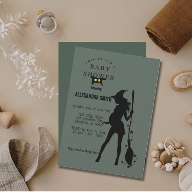 Convite Halloween Grávida Feiticeira Grávida Sexo Neutro (Halloween Pregnant Witch Gender Neutral Invitation)