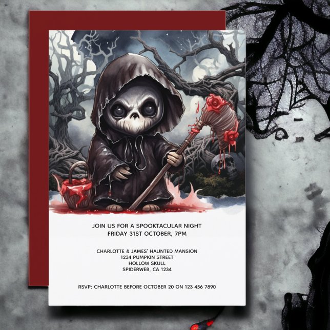 Convite Halloween Grim Reaper (Halloween Grim Reaper Invitation from Ricaso. Features a cute grim reaper with a bloody scythe)