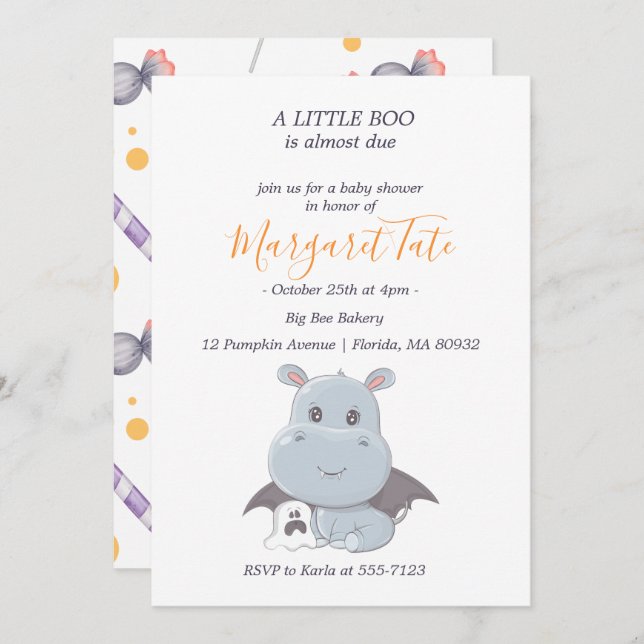 Convite Halloween Hippopotamus Little Boo Chá de fraldas (Frente/Verso)