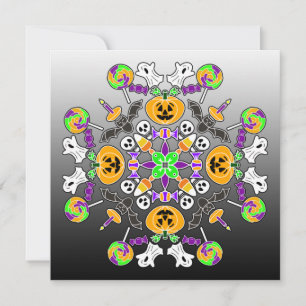 Convite Halloween Mandala Ghosts, Pumpkins, Morcegos e Crâ