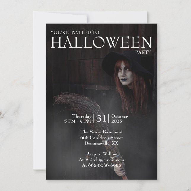 Convite Halloween Modern Gothic Witch Broom Dark Barn (Frente)