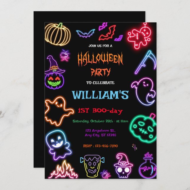 Convite Halloween Neon Kids Birthday Party Glow Dark  (Frente/Verso)