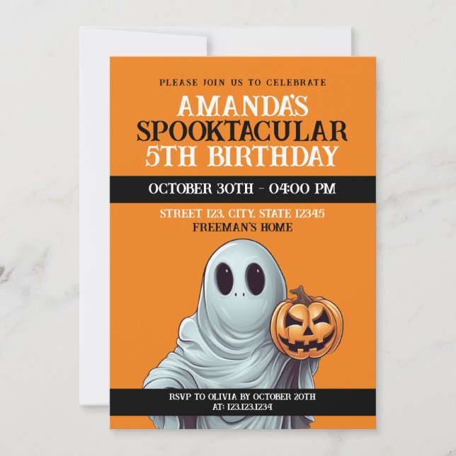 Convite Halloween Orange and White Pumpkin Ghost Birthday (Frente)