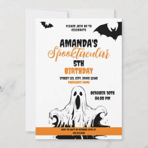 Convite Halloween Orange and White Scary Ghost Birthday