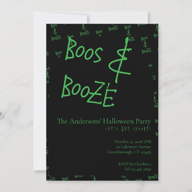 Convite Halloween Party Boos and Booze Green Black (Frente)