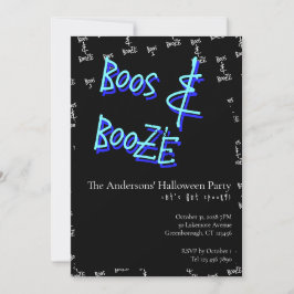 Convite Halloween Party Boos and Booze Neon Blue