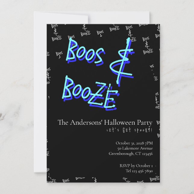 Convite Halloween Party Boos and Booze Neon Blue (Frente)