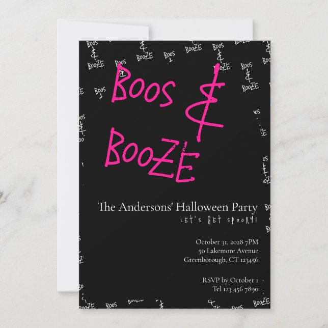 Convite Halloween Party Boos and Booze Pink Black White (Frente)