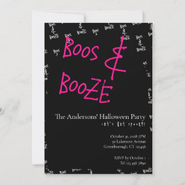 Convite Halloween Party Boos and Booze Pink Black White