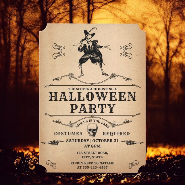 Convite Halloween Party Dancing Skeleton Gothage Vintage (Vintage gothic Halloween party invitation against a spooky forest background. )