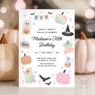 Convite Halloween Pastel Cute Ghost Holographic Aniversári