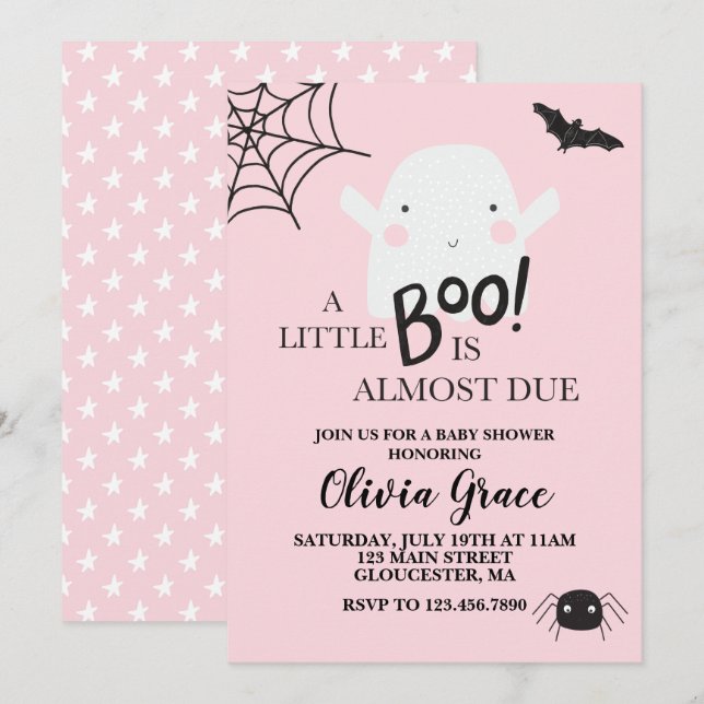 Convite Halloween Pequeno Fantasma Boo Chá de Bebê Rosa (Frente/Verso)