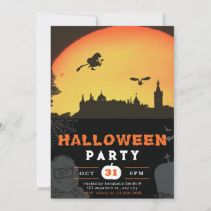 Convite Halloween Preto da Cidade Negra da Bruxa Voadora d