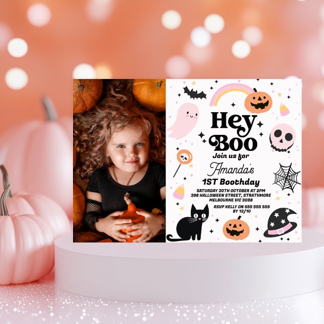 Convite Halloween Preto Rosa Ei primeiro aniversario Boo (Girls Halloween Hey Boo Birthday Invitation Rainbow Halloween Themed 1st Birthday Invitation Ghost)