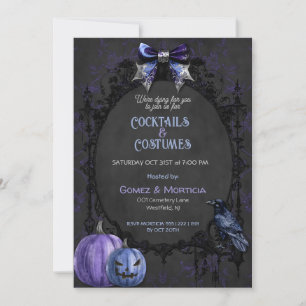 Convite Halloween Preto Roxo Corvo Esqueletos Assustador