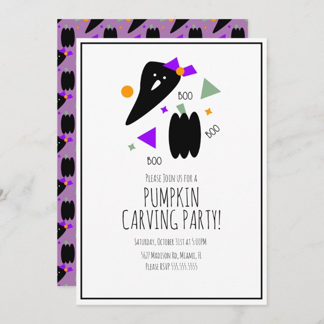 Convite Halloween Pumpkin Esculpindo Fantasma Cute Confett (Frente/Verso)