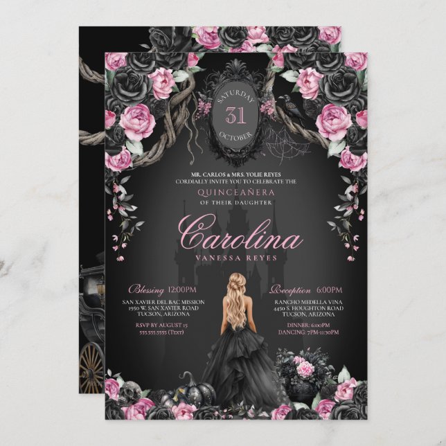 Convite Halloween Quinceañera Black & Pink Gothich Princes (Frente/Verso)