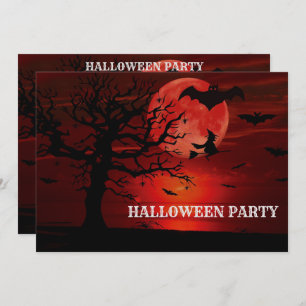 Convite Halloween Red Full Moon Black Tree Bat Scary