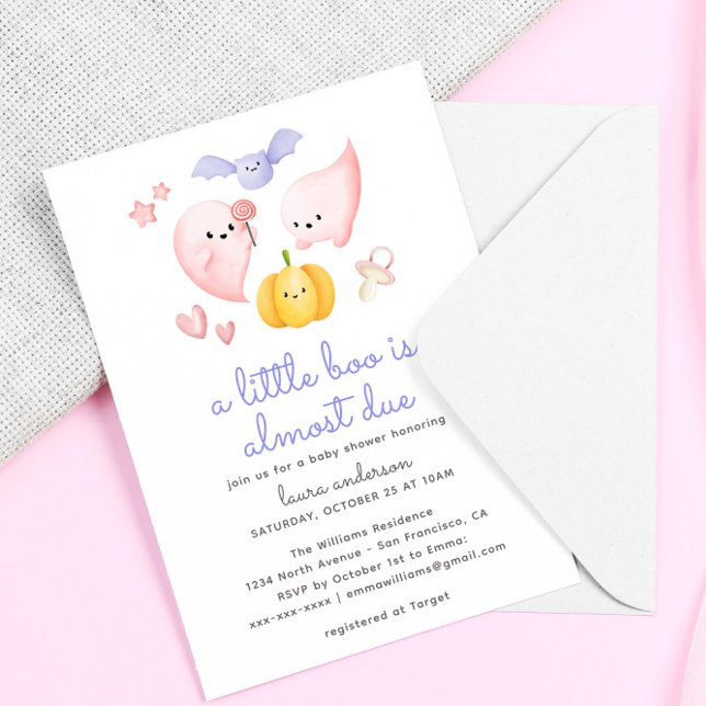 Convite Halloween Rosa Um Pequeno Boo Quase Devido Chá de  (a little boo is almost due cute pink halloween baby shower invitation)