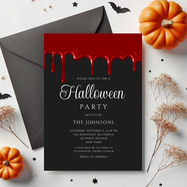 Convite Halloween, Sangue Gótico Preto Elegante (Elegant Black Gothic Blood Dripping Halloween Invitation)